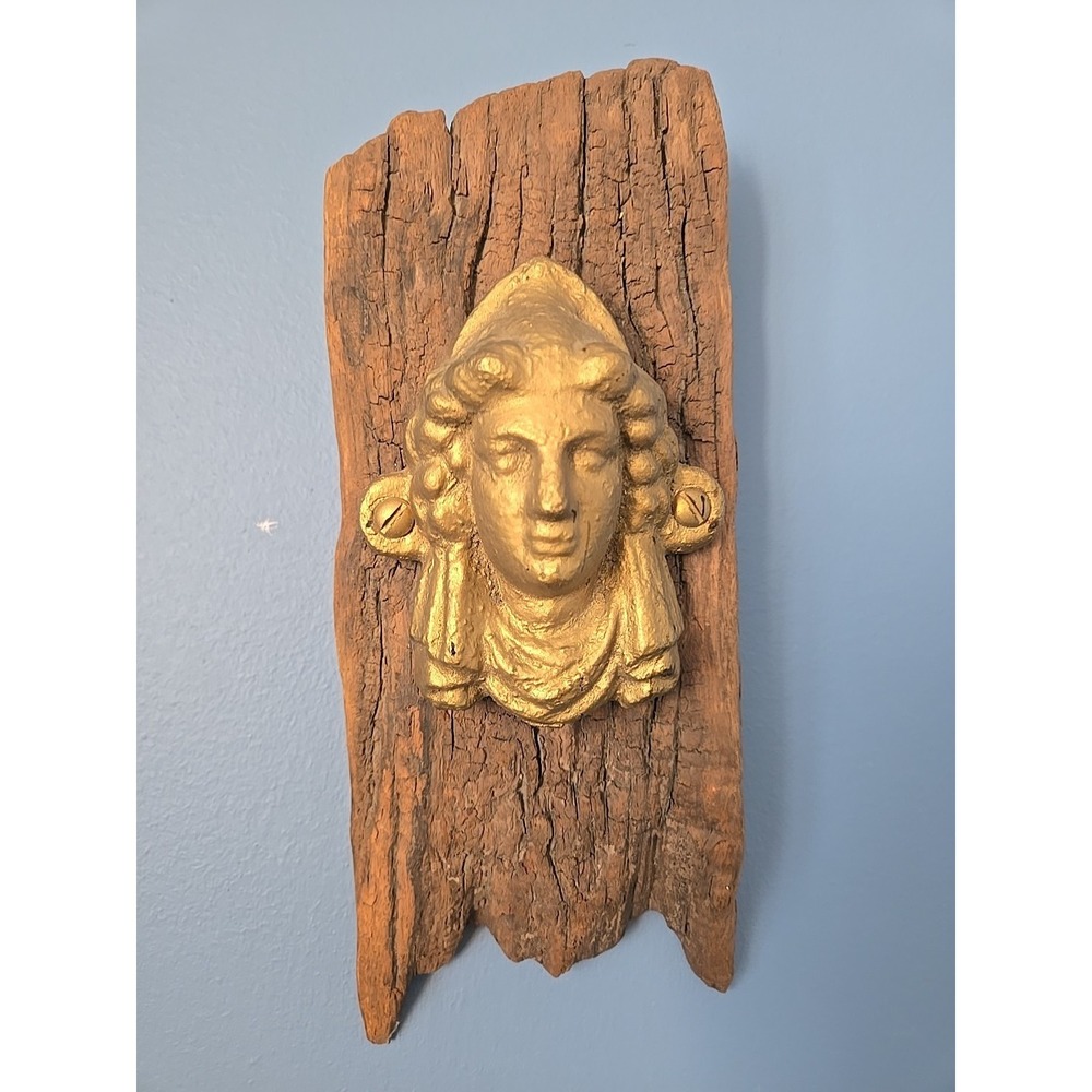 Gold‎ Gilded Figural Head Sconce Heavy Attached To A Piece Of Antique Wood